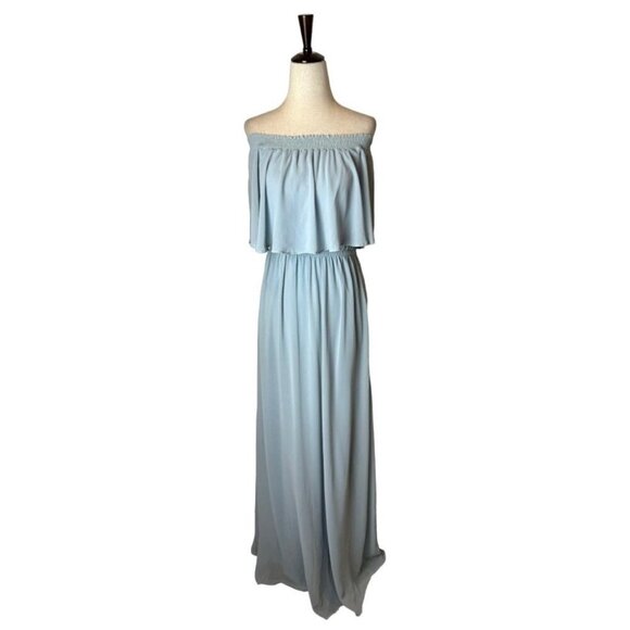 Show Me Your Mumu Blue Gray Off The Shoulder Chiffon Hacienda Maxi Dress S NWT - Picture 2 of 12